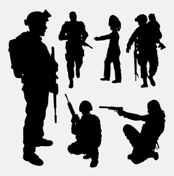 Soldier, military, security, male and female silhouette. Good use for symbol, logo, web icon, mascot, game element, sticker design, sign, or any design you want. Easy to use.