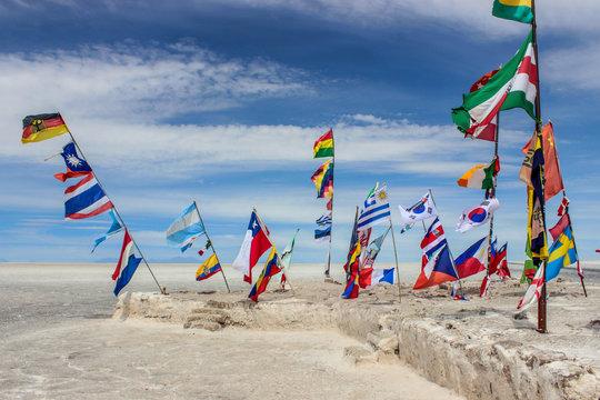Flags of different countries at the entry to Salar de Uyuni, Bolivia
