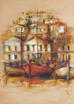 Boats on the island harbor,handmade painting