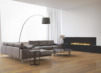 Contemporary interior, sofa with flat fireplace