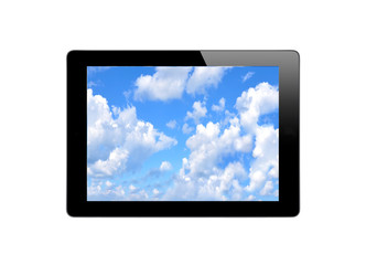 Digital tablet with blue sky on screen isolated on white
