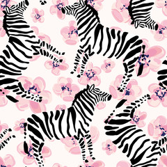 Zebras on the pink flowers background. Vector seamless pattern with striped safari animal.