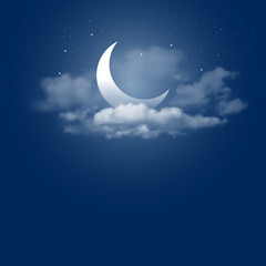 Obraz na płótnie Canvas Mystical Night sky background with half moon, clouds and stars. Moonlight night. Vector illustration.