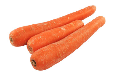 Macro of three orange Carrot vegetable on white background