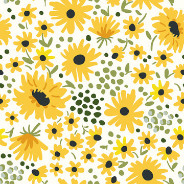 Yellow flowers on the white background. Vector seamless pattern with sunflowers. Ditsy floral illustration.