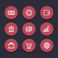 Finance icons, wallet, money, income, savings, banking, commerce, round thick line icons, vector illustration