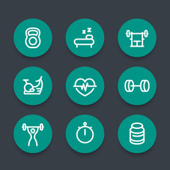Fitness line icons, thick outline, workout, fitness signs, training, green round fitness icons, vector illustration