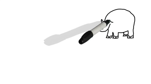 A moving black pen with a shadow writes on a plain white surface