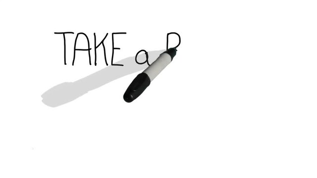 A moving black pen with a shadow writes on a plain white surface