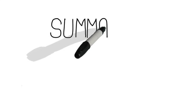A moving black pen with a shadow writes on a plain white surface 'summary'