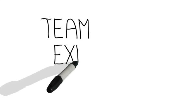A moving black pen with a shadow writes on a plain white surface 'team exercise'