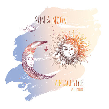 Sun and moon. Sketch.Vector illustration. Drawing pen and ink on watercolor background.Symbolic image. Design invitations and cards.Vector.
