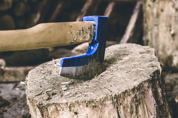 Blue woodchopping axe