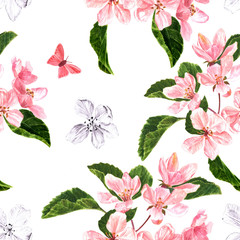 Seamless background pattern with apple flowers in bloom and butterfly