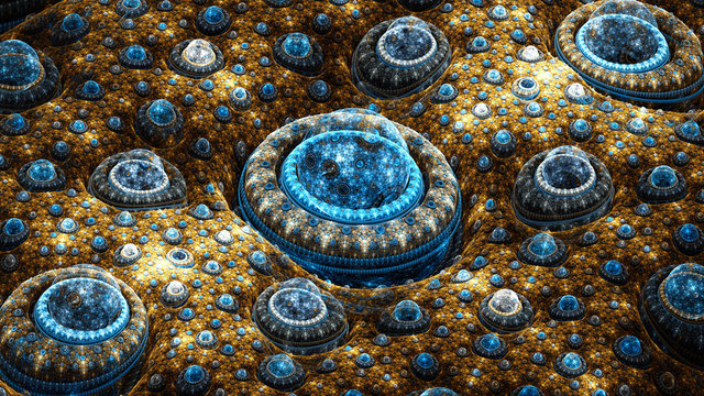 Landscape of exotic planets. Microbes under microscope. Microcosm. Mysterious psychedelic relaxation wallpaper. Sacred geometry. Fractal abstract pattern. Digital artwork creative graphic design.