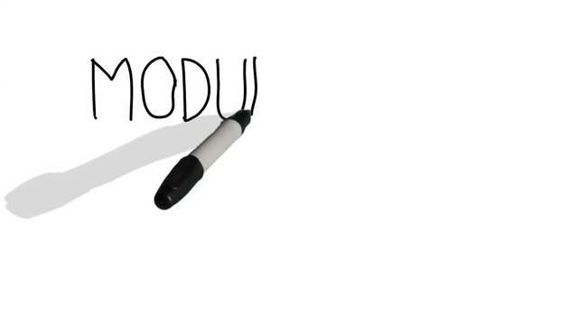 A moving black pen with a shadow writes on a plain white surface 'module one'