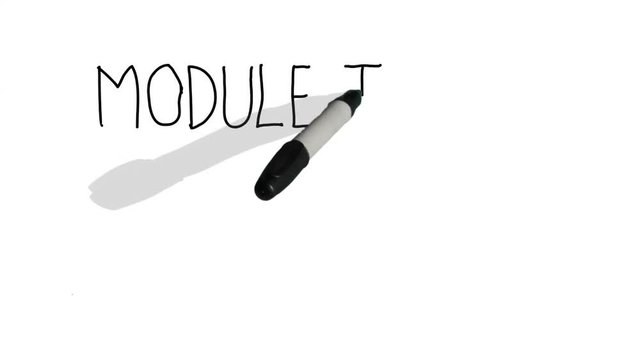 A moving black pen with a shadow writes on a plain white surface 'module three'