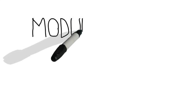 A moving black pen with a shadow writes on a plain white surface 'module ten'