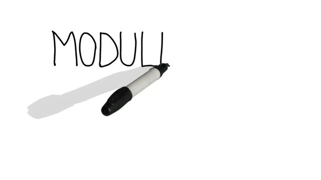 A moving black pen with a shadow writes on a plain white surface 'module two'