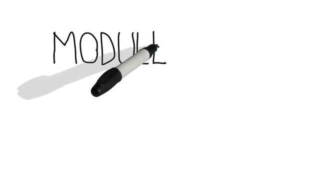 A moving black pen with a shadow writes on a plain white surface 'module four'