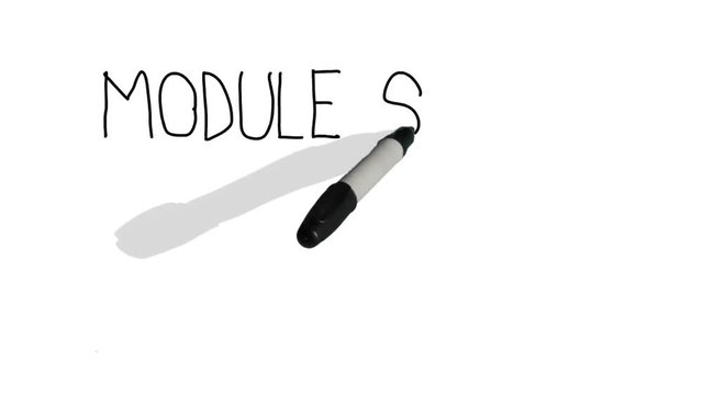 A moving black pen with a shadow writes on a plain white surface 'module seven'