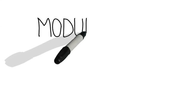 A moving black pen with a shadow writes on a plain white surface 'module five'