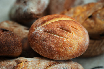 Loaves of Home Baked Leavened Bread made of wheat and buckwheat flour, raisins, tumeric using an antique recipe