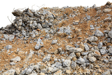 Piece of concrete and brick rubble debris on construction site on white background