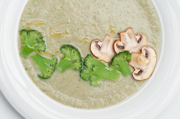 Closeup Mushrooms Cream Soup with Pieces of Broccoli and Slices of Mushrooms
