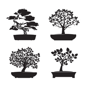 Black shape Bonsai Trees. Vector Illustration.