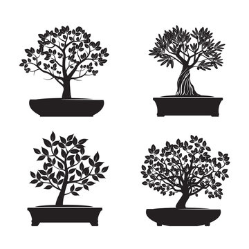 Black shape Bonsai Trees. Vector Illustration.