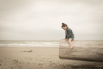 Fototapeta na wymiar 砂浜の流木で遊ぶ女の子