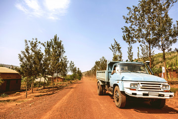 Fototapeta na wymiar Etrafı ağaçlarla çevrili yolda işçileri taşıyan açık mavi kamyon. Yolun etrafındaki ağaçlar uzun ve düz yolda güzel bir perspektif oluşturuyor.  