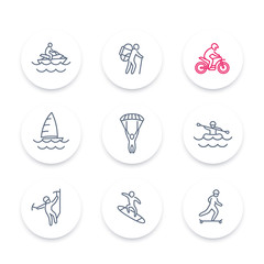 extreme outdoor activities line icons set, extreme sports, recreation pictograms, round icons, vector illustration