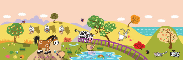 cartoon farm animals : sheep, horse ,cow and pig in the pasture field at evening. Rural landscape . Children illustration banner