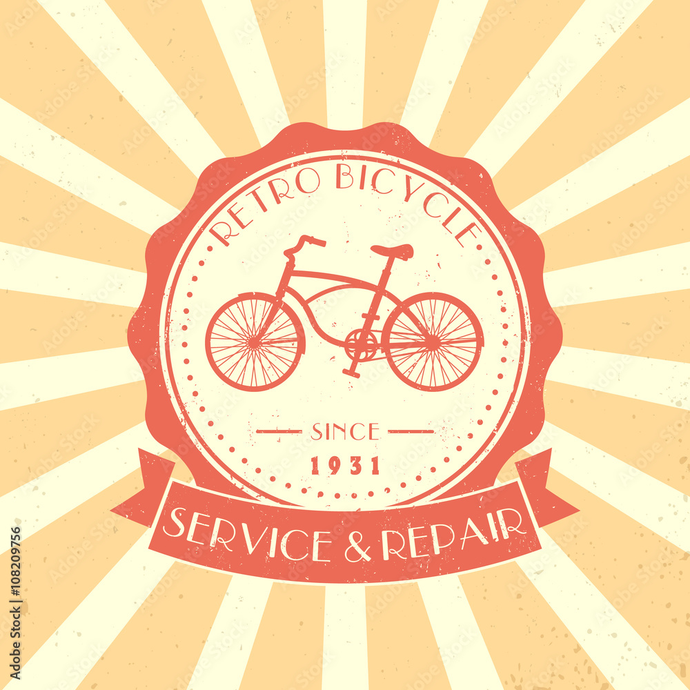 Poster Retro Bicycle Service and Repair, vintage logo, emblem, sign with old bicycle, vector illustration