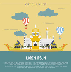City buildings graphic template. Sultan Omar mosque. Brunei.