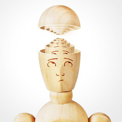 Many human heads are inserted one into the other. Abstract image with a wooden puppet