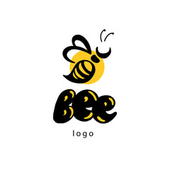 Hand drawn vector honey logo isolated on white background. Bee fly flat icon.