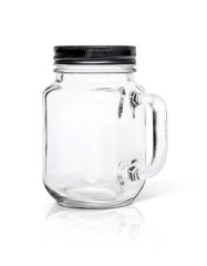 Clear glass bottle with black aluminium cap isolated on white ba