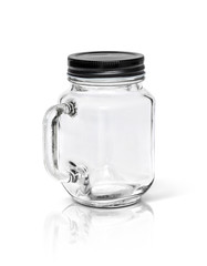 Clear glass bottle with black aluminium cap isolated on white ba