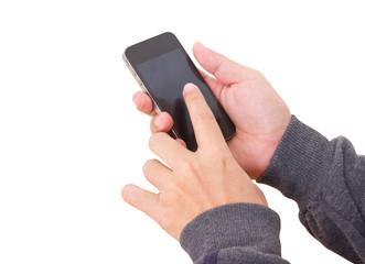 Asian Man's Hand Touching Smartphone's Screen On White Background.