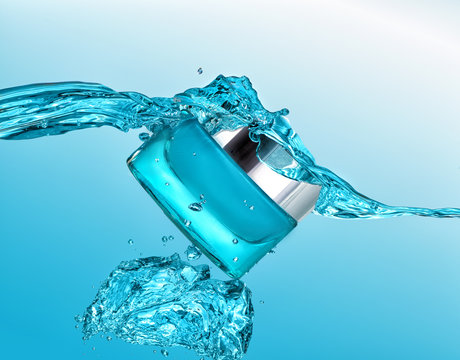 The blue jar of moisturizing cream in the blue water wave  with big air bubbles on the blue water background