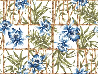 Blue Flowers and Bamboo Fence Seamless Pattern - 108214388