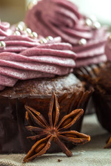 Chocolate cupcakes decorated with berry cream