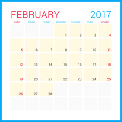 Calendar Planner for 2017 Year. Vector Flat Design Template. February. Week Starts Sunday. Stationery Design