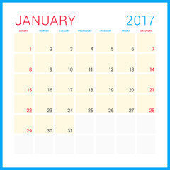 Calendar Planner for 2017 Year. Vector Flat Design Template. January. Week Starts Sunday. Stationery Design