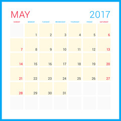 Calendar Planner for 2017 Year. Vector Flat Design Template. May. Week Starts Sunday. Stationery Design