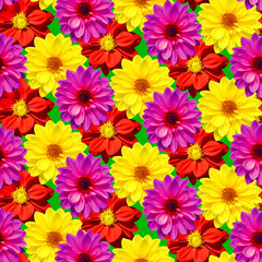Fototapeta na wymiar Dahlia Dahlietta mixed colours seamless pattern