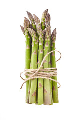 Single bundle of asparagus over white